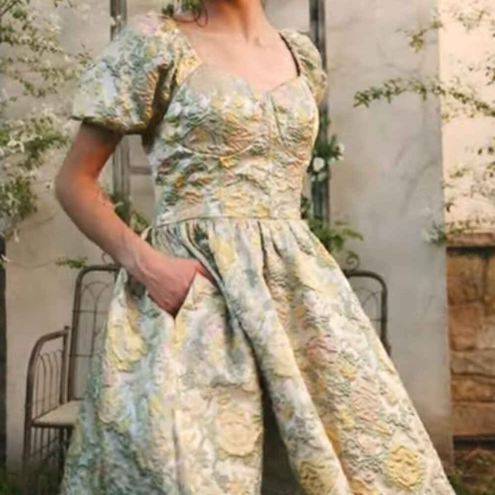 Ivy City Co Floral Jacquard Puff Sleeve Dress in Pastel Yellow and Mint
